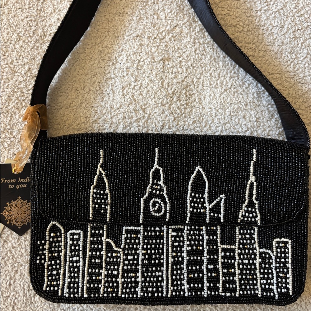 India Boutique Black Beaded Shoulder Bag with White Cityscape #NYC